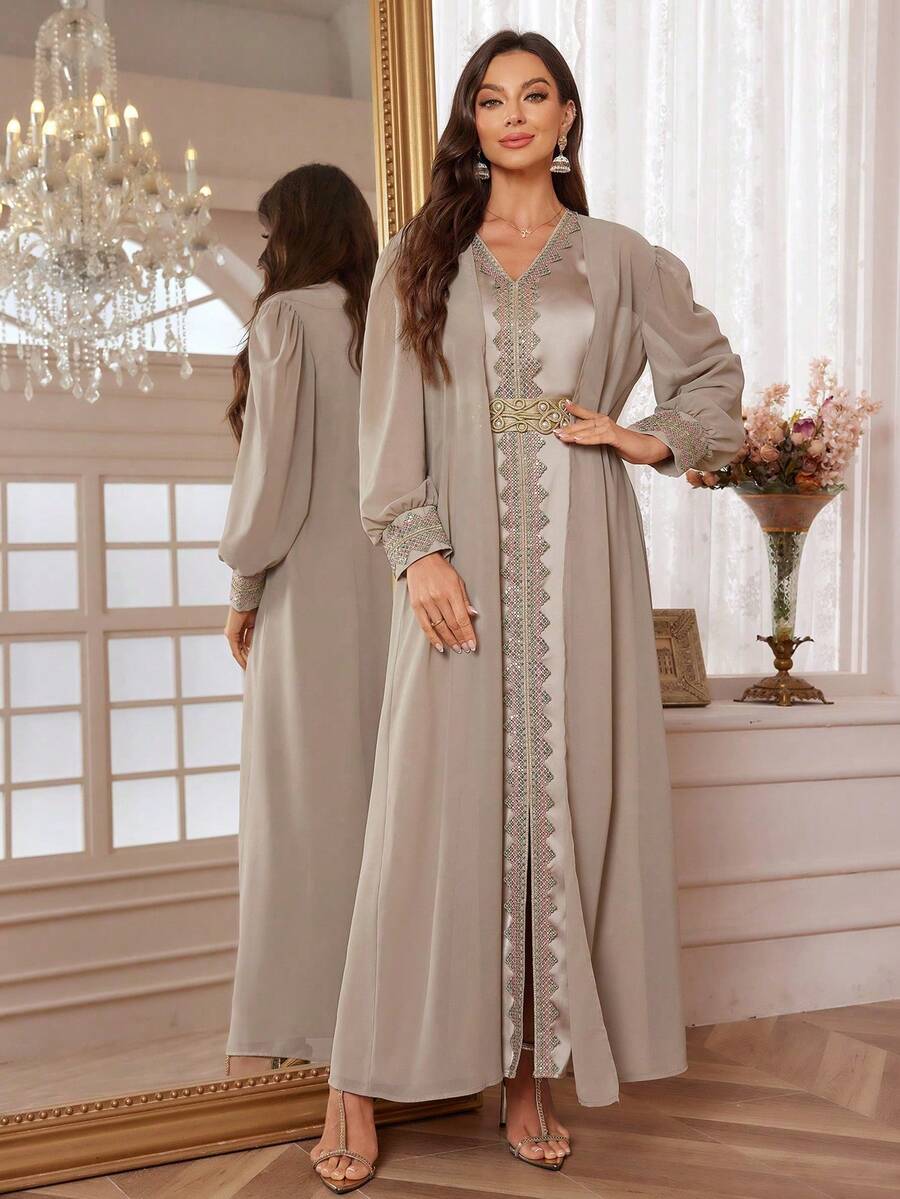Women's V-Neck Sleeveless Lace Elegant Slit Dress, With Detachable Belt And Arabic Style Long Sleeve Outerwear 2-Piece Set Wedding Party