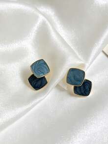 1 Youduiya Dual-Tone Drip Oil Stud Earrings, Blue Square Dangle Earrings, Fashionable Women's Jewelry, Suitable For Summer, Daily, Dating And Festive Occasions - Gold + Blue - View 2