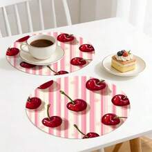 1/2/4/6/8/300 piezas Manteles de lujo de la serie de frutas, decorados con un patrón de cerezas frescas y un fondo de rayas rosas. Material de poliéster lavable a máquina, resistente a las manchas, impermeable y fácil de limpiar. Adecuado para decoración de fiestas y cocina. - Multicolor - Ver 2