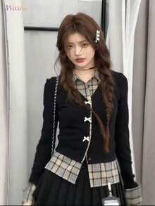 Checked Combination Top, Faux Double-Breasted, College Style, Bow Tie, Buttons, Slimming Effect, Women's. - Black - View 7