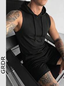 GRDR Men's Solid Color Drawstring Hooded Casual Versatile Vest - Black - View 3