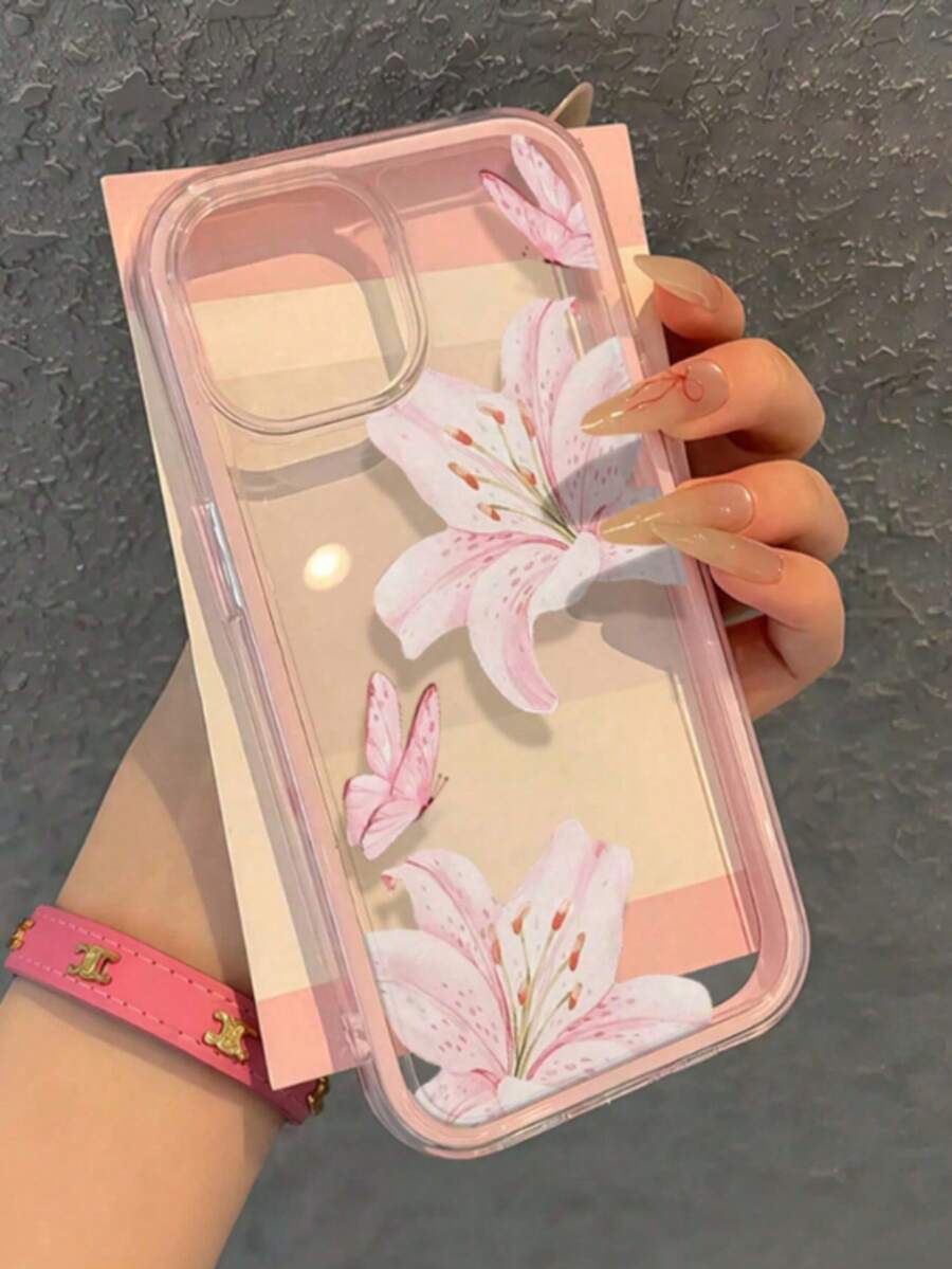 1個粉色蝴蝶花紋新式個性化邊框 2合1 透明全包覆 TPU 防震時尚手機保護殼 適用於 iPhone 11 12 13 14 15 16 17 Pro Max - 彩色 - 查看 1