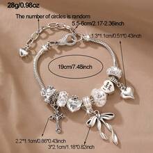 1pc Sweet Cool Style Silver Tone Beaded Bracelet With Cross, Bow, Heart Engraved Pendant, Silver Snake Chain, Adjustable Vintage Daily Versatile Accessory - Retro Heart Cross - View 2