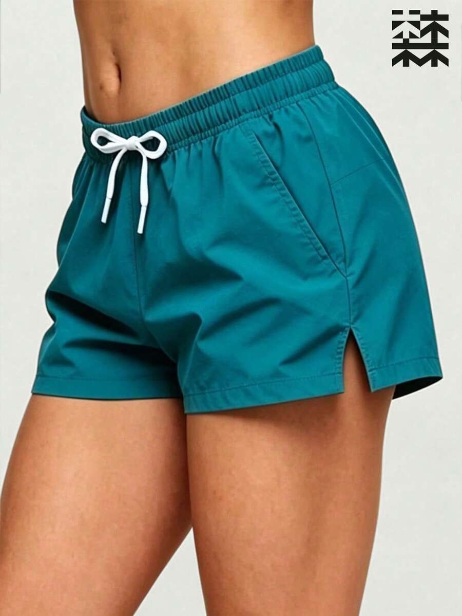 mulinsen Women's Casual Drawstring Waist Sports Shorts With Side Slit Pockets - Teal Blue - View 1