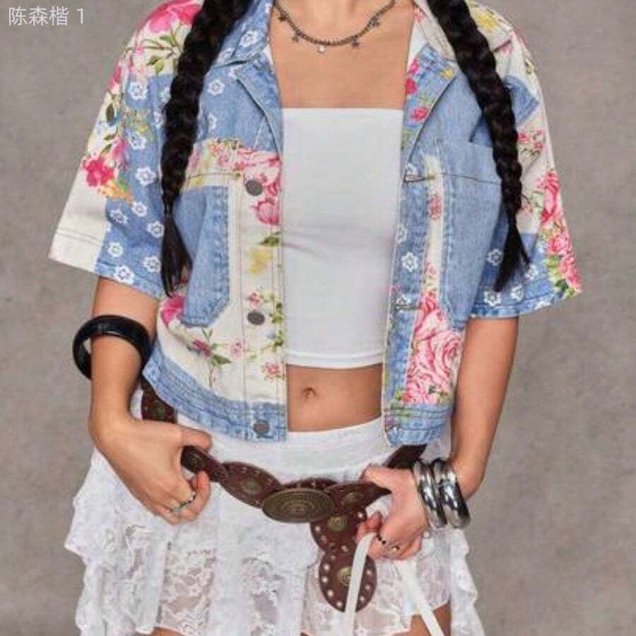 jianchaimaoyi02 Chaqueta vaquera corta de manga corta informal para vacaciones - Azul - Ver 1