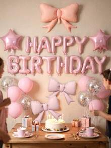28件組生日派對氣球套裝，16英吋粉色HAPPY BIRTHDAY字母氣球、蝴蝶結鋁箔氣球、星星氣球、粉色乳膠氣球、12英吋銀色鋁箔亮片乳膠氣球，適用於生日派對、嬰兒洗禮裝飾 - 粉紅色套裝 - 查看 2