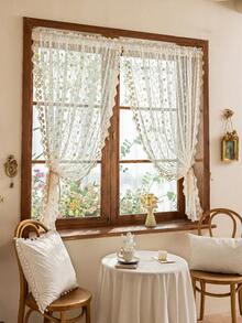 1pc Beige Rose Pattern Lace Sheer Curtain, Short Curtain, Window Valance, Cafe Curtain, Vintage Pastoral Romantic Style, Translucent, Made Of Polyester Fiber, Suitable For Bedroom, Room, Living Room, Kitchen, Office, Cafe And Home Decor Use. - 1PC - View 8