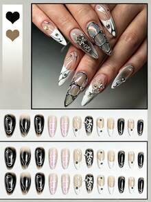 Y2K Style Instantly Upgrade Your Look! 24pcs Street Minimalist Casual Daily Personalized Cool Minimalist Nordic Silver Asymmetric Metal Line Rhinestone Decor 3D Metal Cross White French Medium Almond Shaped Press-On Nail Set, Suitable For Cool And Stylish Girls And Women Nail Supplies Nails - Black and White - View 3