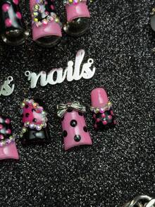 10pcs Handmade Full Coverage Short Duck Nail Tips, Pink, 3D Bow & Rhinestone & Polka Dot & Gradient Decoration, Sweet Cool Y2K Baddie Style, Removable & Reusable Fake Nails, Suitable For Party, Daily And Cosplay, Includes Jelly Glue And Nail File - Pink - View 6