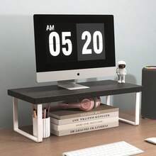 1pc Yellow Wooden Storage Rack Monitor Riser Stand Base Elevated Shelf Desktop Computer Riser Office Desktop Storage Rack - Brown - View 4