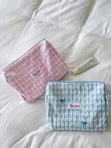 AGG 藍粉格紋刺繡蝴蝶結小清新尺寸女用化妝包，內袋便攜旅行盥洗包手提包，多功能護膚收納袋，送給媽媽或女友的情人節大容量收納禮物 - 彩色 - 查看 4