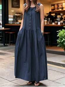 Damen-Maxikleid in Große Größen, ärmellos, mit Rundhalsausschnitt, A-Linie, Taschen, lässiges Slip-Kleid aus gewebtem Stoff, elegant - marineblau - Übersicht 2