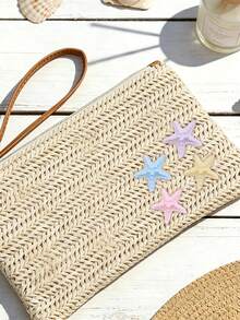 Straw Woven Clutch Bag With Starfish Decoration, Fresh Ocean Style Woven Coin Purse, Lightweight Durable Large Capacity Zippered Storage Bag, Summer Beach Vacation Bag, Travel Shopping Carry-On Organizer, Summer Gift For Girls And Besties, High Aesthetic, Suitable For Daily Casual / Vacation Travel, Easily Store Lipstick Keys And Small Items, Say Goodbye To Clutter, Full Of Summer Vibes, Perfect For Gifting Or Personal Use - Multicolor - View 8