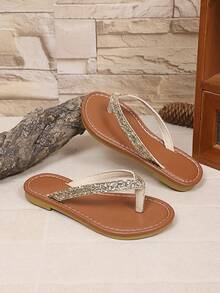 1 Pair Gold Glitter Toe-Post Flat Flip-Flops, Shiny PU Material, Round Toe Open-Toe Soft Sole Non-Slip Slip-On Design, Fashionable Minimalist Beach Sandals, Suitable For Daily Wear, Vacation, Beach Outings, Spring/Summer New Style - Gold - View 3