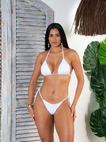 Triangle Bikini With Double Polyamide String Tie-Up Panties - White - View 1