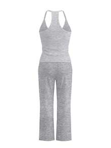 LovelyWholesale Conjunto de 2 piezas de top de punto acanalado con cuello en V y pantalones con cordón para mujer, atuendo casual y elegante de verano - Gris - Ver 6