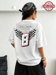 2026新款春夏季超寬鬆加長上衣圖案,100%棉質上衣,女士T卹,趣味凱爾·布希賽車圖案印花,一件定制,純色圓領短袖,日常休閒,街頭服飾,甜美,學院風,女士T卹夏日女郎,外出,y2k,居家運動,健身,海灘,大尺寸女裝 - 白色 - 查看 2