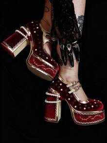 Fashion Women Platform Mary Jane Shoes Cross Strap High Chunky Heels Pumps Shoes Elegant With Pearl Ankle Chain Rhinestone Studded Strap Buckle Shoes For Wedding And Party - 紅色 - 查看 1