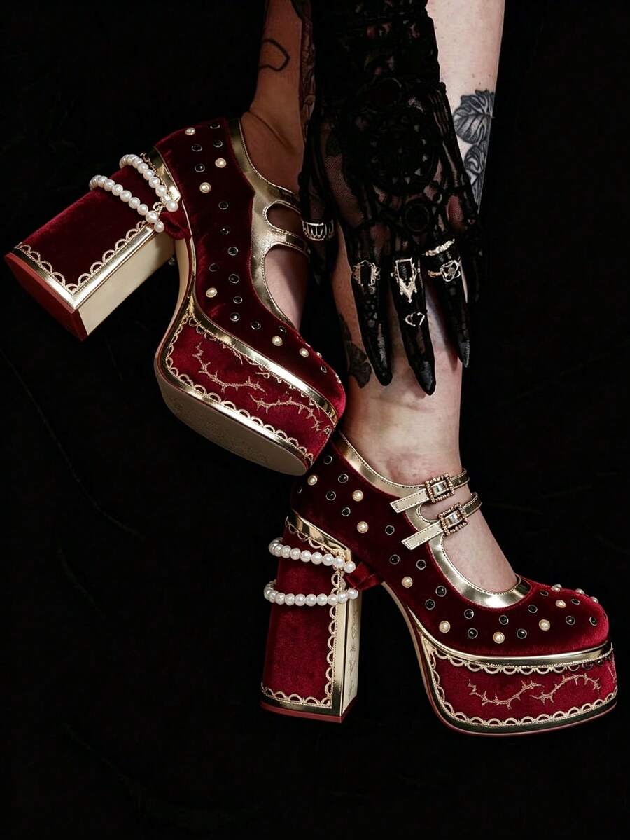 Fashion Women Platform Mary Jane Shoes Cross Strap High Chunky Heels Pumps Shoes Elegant With Pearl Ankle Chain Rhinestone Studded Strap Buckle Shoes For Wedding And Party - 紅色 - 查看 1