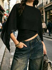Solid Color Asymmetric Hem Blouse For Night Out Black Summer - Black - View 1
