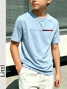 Tween Boys' Casual Navy Blue Round Neck Printed Short Sleeve T-Shirt, Summer Top - Baby Blue - View 7