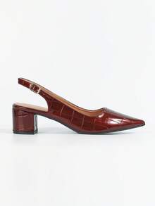 Random Crocodile Embossed Point Toe Chunky Heeled Slingback Pumps, Elegant - Bronze - View 3