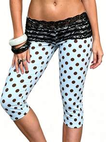 Womens Lace Trim Plain 3/4 Leggings Gym Stretch Capri Cropped Jogging Pants - 天藍 - 查看 4