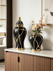 European Style Light Luxury Creative Ceramic Electroplating Black Flower Vase For Home Living Room Decoration, Flower Pot,Dining Table, Office Desk, Desktop Decoration And Arrangement - Black - View 4