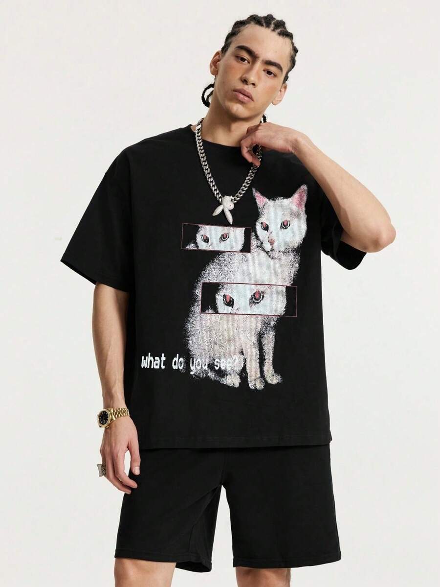 Tiny Spark Men's Casual Black T-Shirt With Cat Slogan Print, Summer - Black - View 1