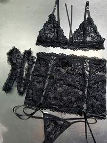 Conjunto de 5 piezas de vestido mini sexy con lazo de encaje y lencería, adecuado para salir - Negro - Ver 6