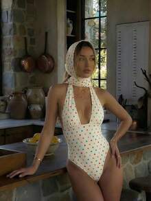 Traje de baño de dos piezas de mujer con lunares sexy, diseño retorcido y asimétrico con espalda descubierta de gasa, traje de baño de una pieza para vacaciones en la playa en verano - Multicolor - Ver 1
