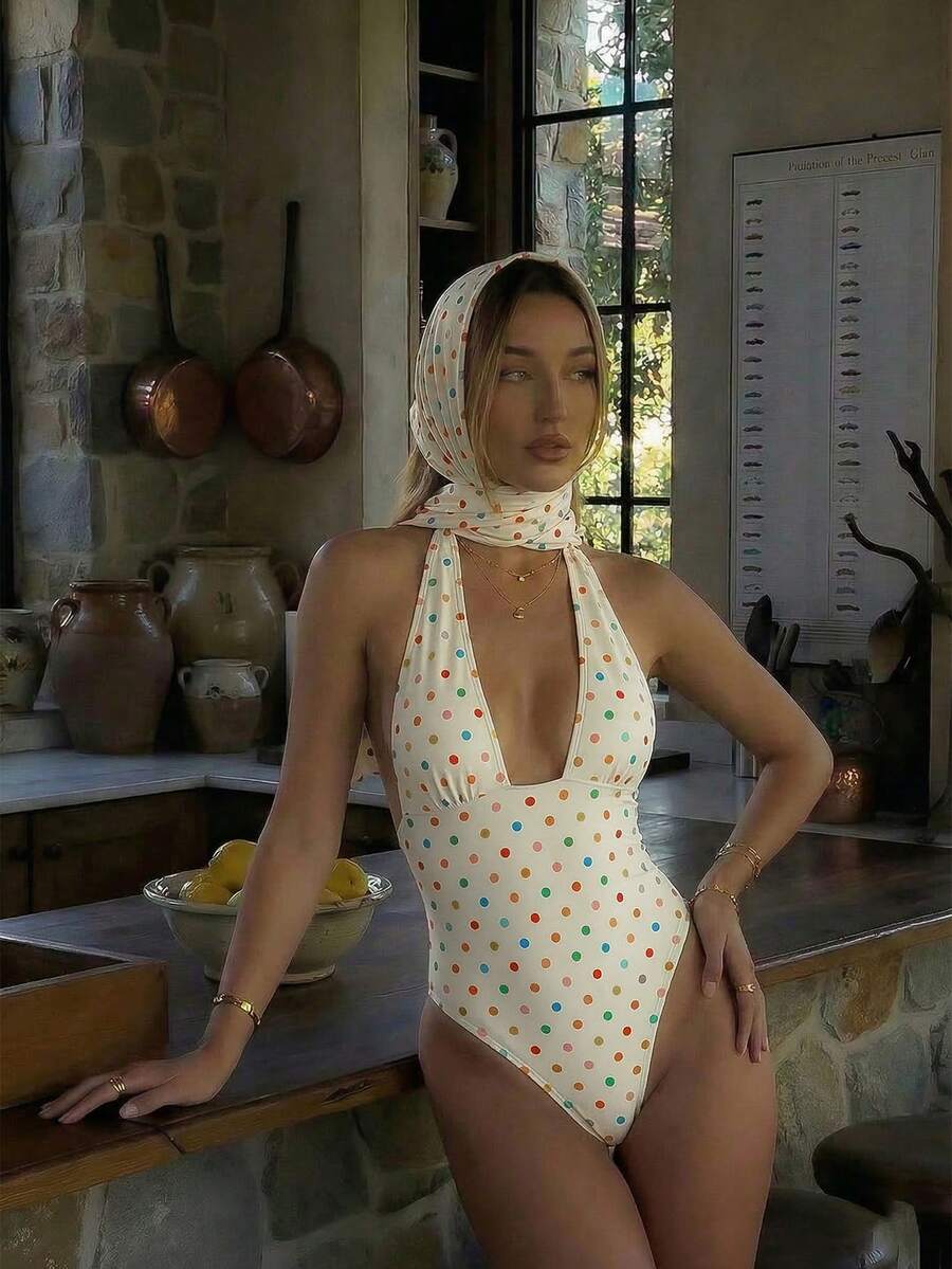 Traje de baño de dos piezas de mujer con lunares sexy, diseño retorcido y asimétrico con espalda descubierta de gasa, traje de baño de una pieza para vacaciones en la playa en verano - Multicolor - Ver 1