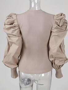 Nuevo modelo 2026:Camisas y suéteres con mangas abullonadas, cuello redondo acanalado y volantes. - Albaricoque - Ver 5