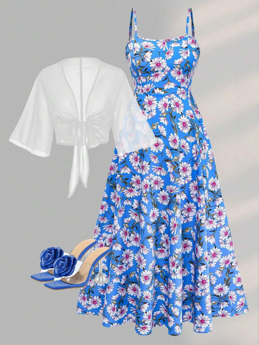 2 piezas Vestido de mujer de gasa con estampado floral y conjunto elegante y romántico para cita en verano y primavera - Multicolor 4 - Ver 1
