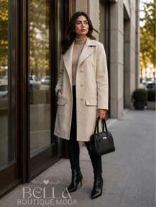 Women's Long Wool Coat, Parka, Or Overcoat, Elegant And With Front Button Closure. - 米色 - 查看 2