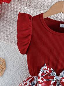 Đầm casual dễ thương tay bèo cổ tròn thắt nơ họa tiết hoa và rừng cho bé gái, thích hợp mặc ngoài trời. - Gỗ đỏ - Xem 5