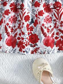 Đầm casual dễ thương tay bèo cổ tròn thắt nơ họa tiết hoa và rừng cho bé gái, thích hợp mặc ngoài trời. - Gỗ đỏ - Xem 6