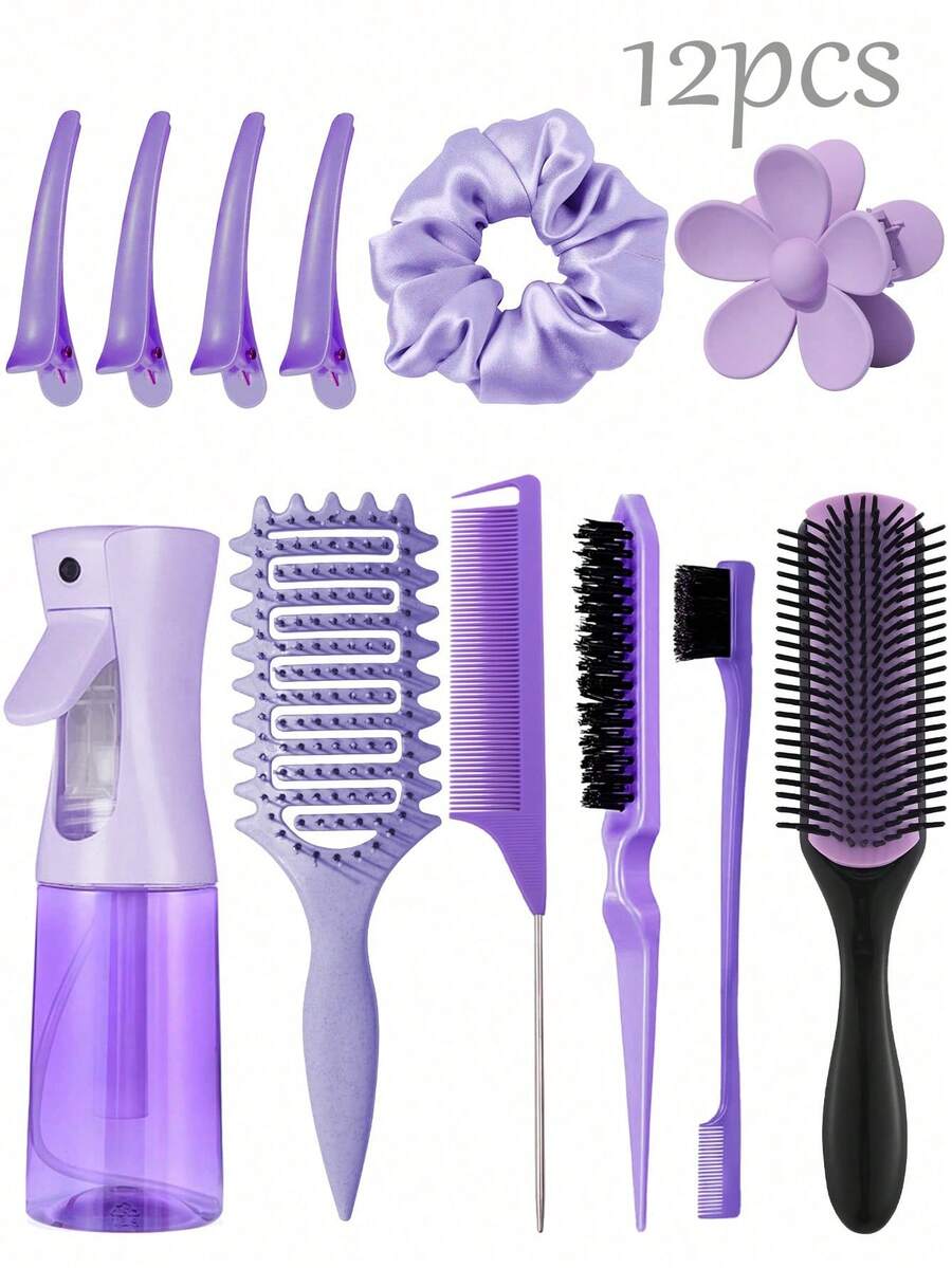 2/4/5/6/11/12pcs Unisex Hair Styling Brush Set (New Upgraded Curling Comb, 9-Row Nylon Cushion Styling Brush, Volumizing Brush, Tail Comb, Edge Brush, Spray Bottle, 4pcs Duck Clip, Flower Hair Clip, Hair Styling Brush Set), Curling Brush