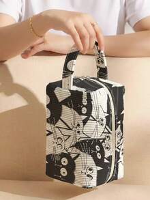 1 pieza Bolsa de pana con estampado de gato con asa, bolsa de maquillaje y artículos de tocador, cierre con cremallera. Plegable, duradera, multiusos para viajes, uso diario y estudiantes - Multicolor - Ver 6