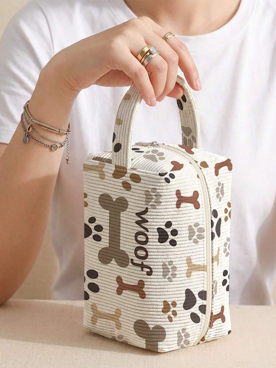 1pc Dog Paw Prints Print Corduroy Pouch With Handle ,Makeup & Toiletry Bag, Zipper Closure. Foldable, Durable, Multi-Use For Travel, Daily & Students - Multicolor - View 1