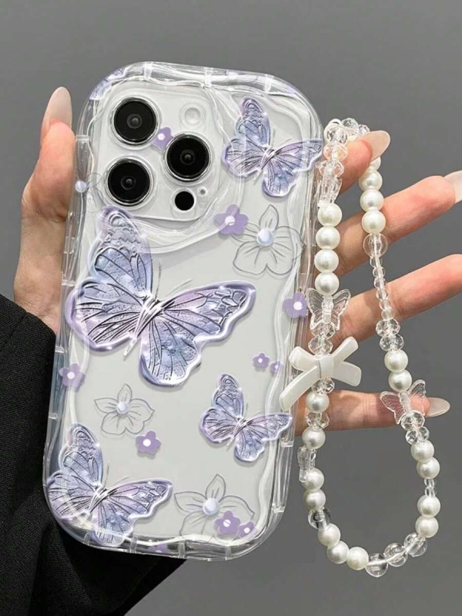 1個淺紫色蝴蝶花卉圖案手機殼附掛繩，適用於Honor X9C/X9B/X9/X8B/X8A/X8/X8C/X7B/X7A/X7/X7C/X5B Plus/X5B/X5C Plus/X5C/X6S/X6A/X6B/X6/X5/90 Lite/200/200 Pro/200 Lite, Note 11/12/13/14, A3/14C/13C/13/12C/12 4G, 14T Pro/14T/11 Lite, 11/12/13/14/15/16 系列, 16/15/14/13/12/11 Pro Max, Xs/Xr/X/7/8/Plus, Galaxy S22/S22+/S22 Ultra/S23/S23+/S23 FE/S23 Ultra/S24/S24 Plus/S24 Ultra/A35/A56 - 無色 - 查看 1