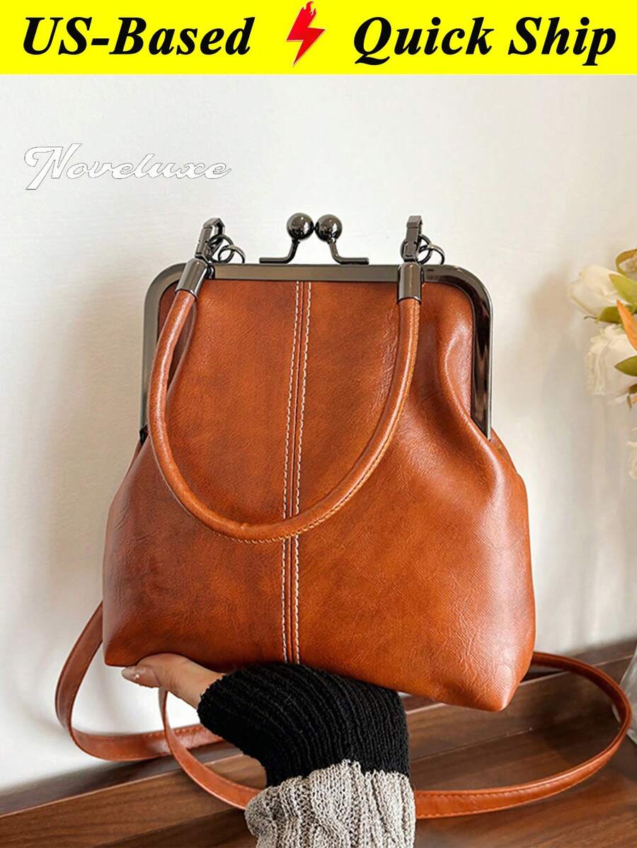 Vintage Faux Leather Crossbody Bag For Women Retro Style Kiss Lock Handbag Fashion Solid Color Lightweight City Crossbody Bag Mom Bag Beach Bag - 彩色 - 查看 1