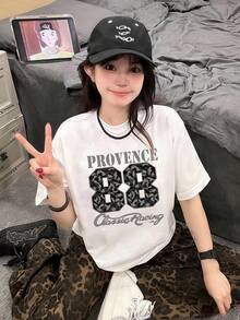 Women's Casual White Oversized T-Shirt, Round Neck Provence 88 Print Drop Shoulder Short Sleeve Top, Knit Fabric Streetwear Style - White - View 7