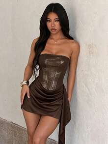 1pc Shiny Party Elegant Knit Fabric Zipper Sequin Patchwork Dress, Suitable For Evening Date, Birthday Party, Back To School Party, Singles Party, Spring/Summer - Brown - View 1