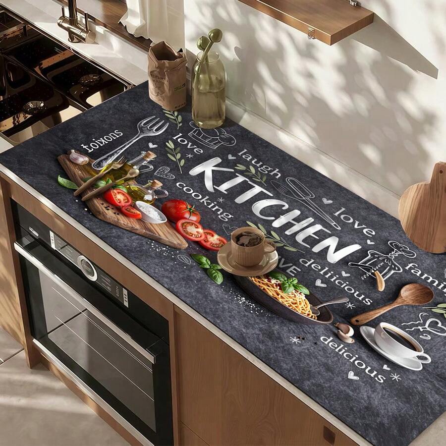 1 pieza Tapete de secado de platos, Tapete para máquina de café, Tapete de drenaje con patrón de tema de cocina estilo pizarra dibujado a mano, Duradero y altamente absorbente, Adecuado para mesa de comedor, cafetería y otros escenarios, Agrega una atmósfera cálida de cocina al área de comedor, Tapete de drenaje multiusos, Regalo para el hogar, Decoración de mesa