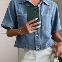 yonghongmaoyi1  Chaqueta vaquera de mujer de manga corta con bolsillo parche, estilo informal, lavada, con botones, para el verano - Azul - Ver 5