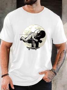 T-shirt casual masculina de manga curta com estampado gráfico de astronauta, skate e lua, presente ideal de Natal e Ano Novo para homens - Branco - Ver 6