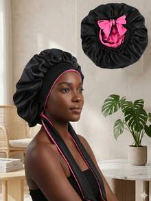 Double Layer Colorblock Satin Sleep Cap Wig Cap - Elastic Fabric Long Strap Hat In Black and Rose Red - View 1