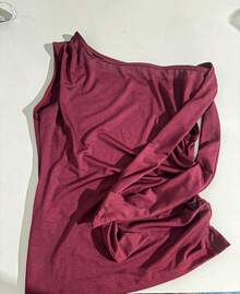 Elegant Suplex T-Shirt Top With Asymmetrical Shoulders And Straps, Ideal For Daily Use, Outings, Nightclubs, Parties, Halloween Costumes - 酒紅色 - 查看 11