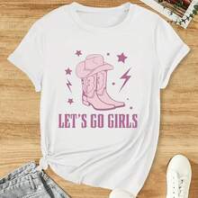 Camiseta Vintage de Vaquero para Mujer, Camiseta de Manga Corta con Estampado 'Let's Go Girls', Tops de Moda Urbana de Verano, Ropa Estética Femenina con Cuello Redondo - Multicolor - Ver 1